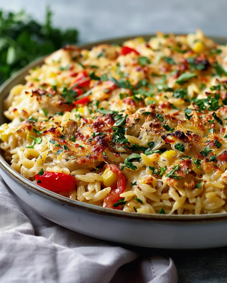 Easy Boursin Orzo Bake with Turkey Bacon and Chicken Ham Delight