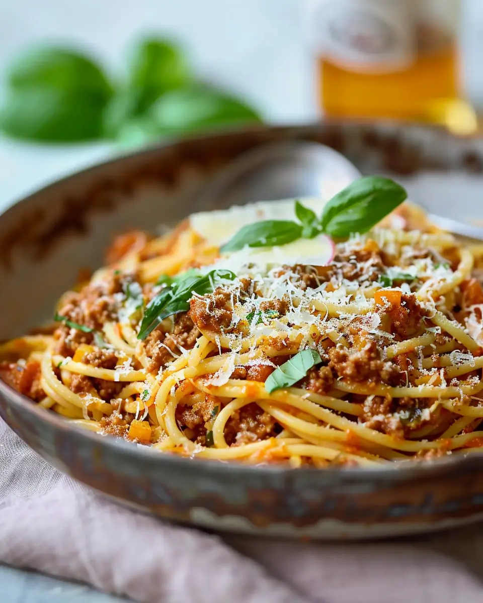 Healthy spaghetti bolognese with turkey bacon and fresh herbs