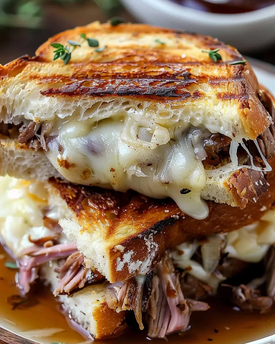 French Dip Grilled Cheese: Juicy Turkey Bacon &amp; Chicken Ham Delight