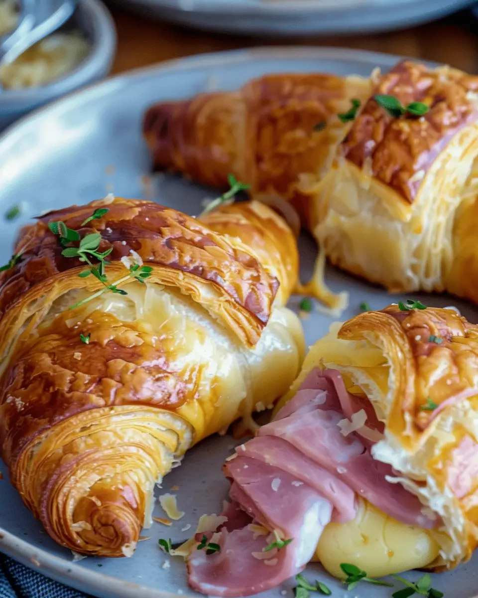Baked Ham and Cheese Croissants with Turkey Bacon and Chicken Ham